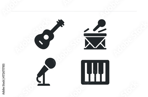 Musical instrument icons: guitar, drum, microphone, keyboard