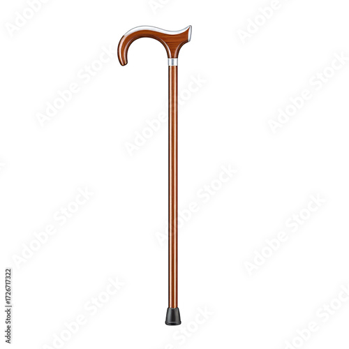 Classic brown wooden walking cane with a curved derby handle and a black rubber tip, isolated on a white background.