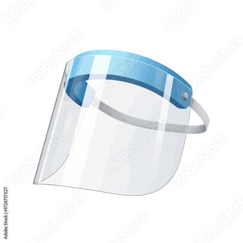 A clear plastic face shield with a blue headband and adjustable strap, designed for personal protection.