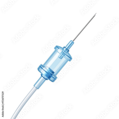 Close-up of a medical IV line component with a needle and a transparent blue filter chamber against a white background.