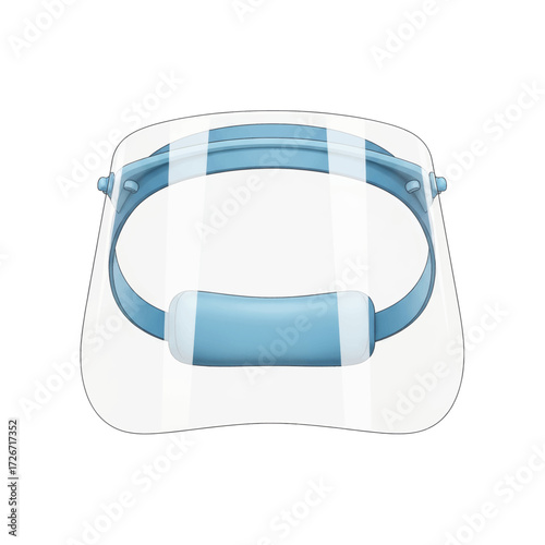 Blue and white face shield on a white background.