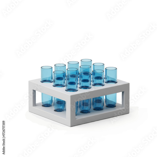 A white laboratory rack holding a set of empty blue glass test tubes on a clean white background.