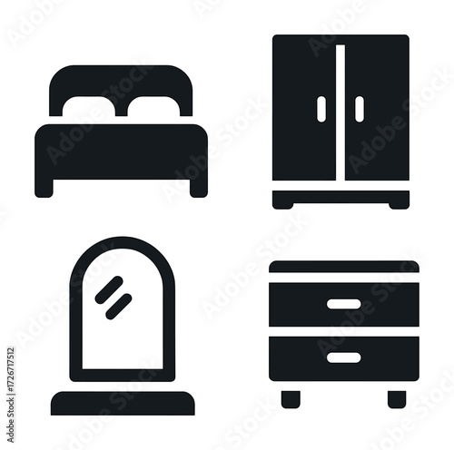 Minimalist bedroom furniture icons: bed, wardrobe, mirror, dresser set