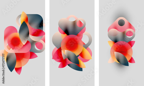Abstract artwork. Three panels display overlapping translucent shapes, vibrant reds, oranges, pinks, blues. Soft gradients create depth. Minimalist design.