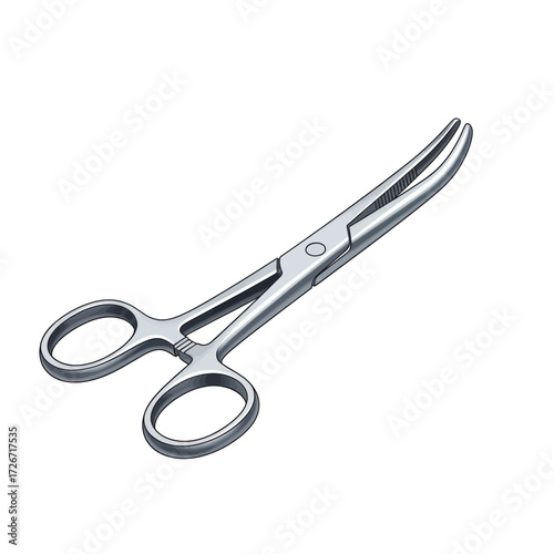 Surgical instrument, curved Mayo scissors, stainless steel, used for cutting tissues during medical procedures.