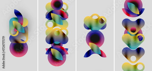 Abstract colorful shapes stacked vertically. Gradient hues blend, creating dynamic visual patterns. Minimalist design, clean background.