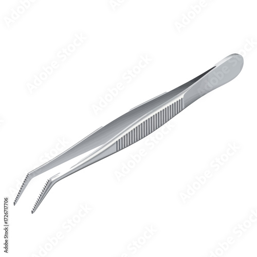 Silver metal angled tip tweezers with serrated grip for precision tasks and detailed work.