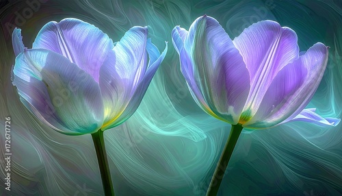 Two vibrant, light-blue tulips