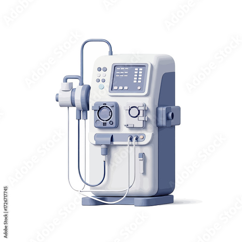 A modern, stylized 3D rendering of a medical dialysis machine isolated on a white background.