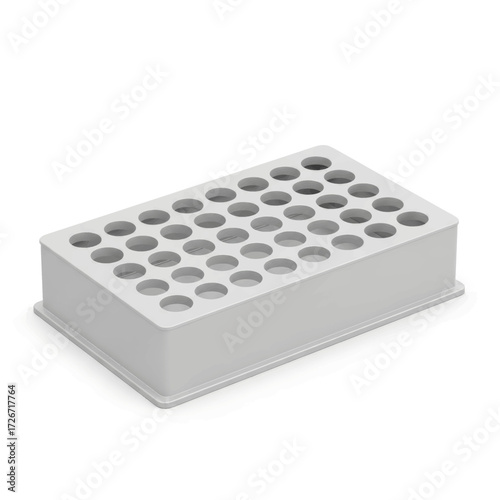 White laboratory tray with 48 circular wells for scientific research and sample organization.