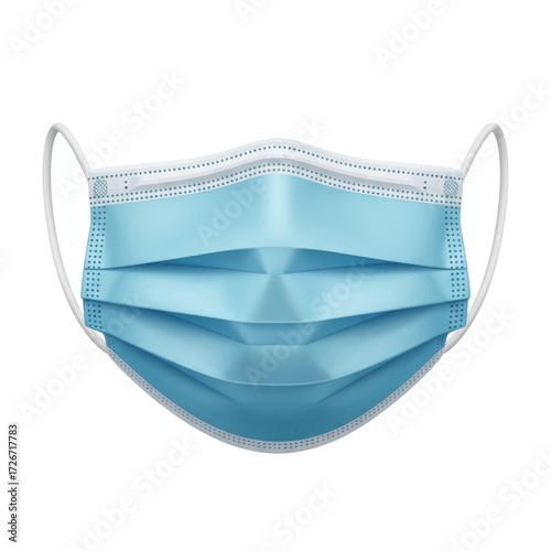 A blue surgical face mask with white ear loops, isolated on white.
