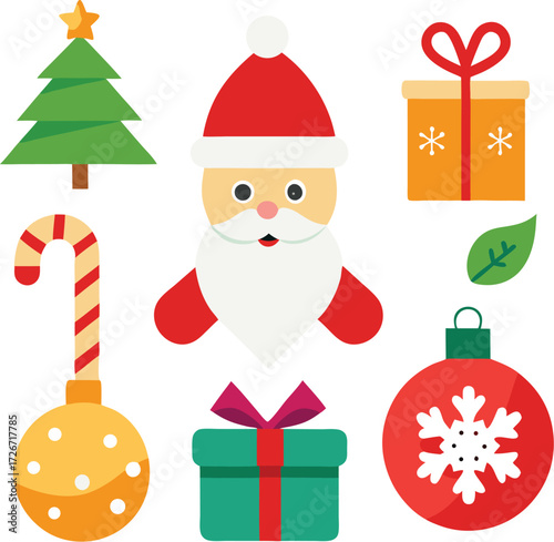Vector art of collection of flat design christmas icons including a christmas tree, santa claus, gift boxes, candy cane, and bauble