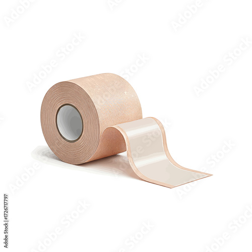 A roll of beige medical tape is shown with a portion unrolled, highlighting its texture and adhesive properties.
