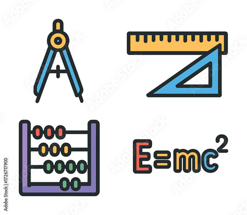 Mathematical tools and concepts: compass, ruler, abacus, equation icon set