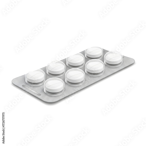 A blister pack containing eight white round pills, commonly used for medication or supplements, against a clean white background.