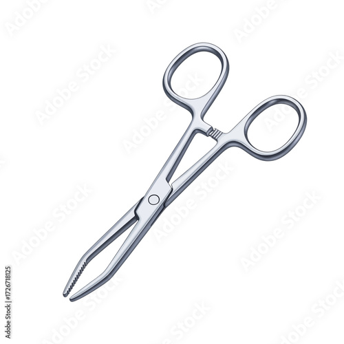 A close-up studio shot of a pair of surgical forceps with curved tips, isolated on a white background.