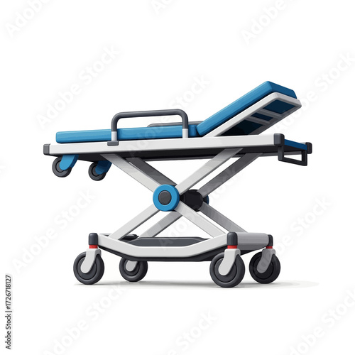 A modern medical stretcher or gurney with a blue mattress and adjustable frame on wheels, isolated on a white background.