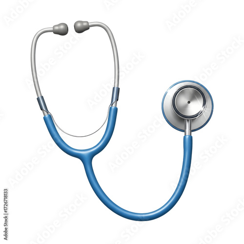 Close-up of a blue and silver stethoscope, a medical instrument used by doctors.
