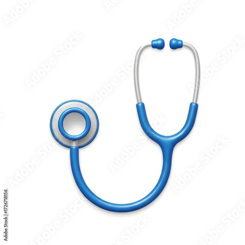 Close-up view of a medical stethoscope, featuring a blue colored binaural headpiece and tubing.