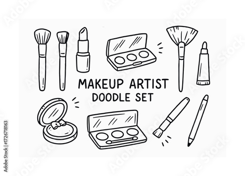 Hand-drawn makeup artist tools doodle set with brushes, lipstick, compact, and more