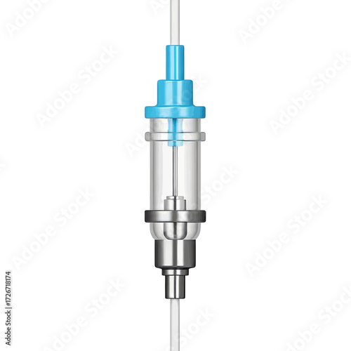 A close-up studio shot of a medical intravenous in-line filter, part of an IV infusion set, isolated on a white background.