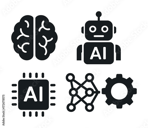 Artificial intelligence icons: brain, robot, ai chip, neural network, gear