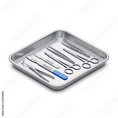A sterile stainless steel tray containing a collection of surgical instruments, including scalpels, forceps, and scissors, arranged for a medical procedure.