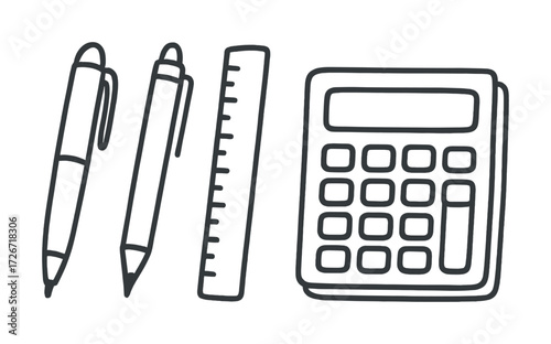 Pens, pencil, ruler, and calculator: black and white school supplies illustration