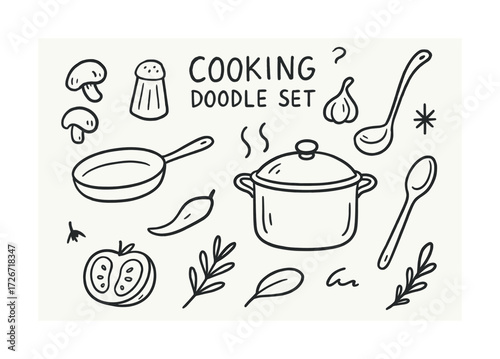 Hand-drawn cooking doodles of kitchen utensils and ingredients in simple black-and-white