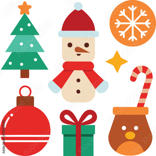 Vector art of group of flat christmas icons including a christmas tree, snowman, snowflake, star, candy cane, bauble, and gift box