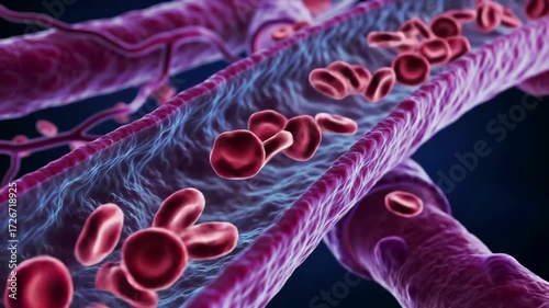 A realistic 3D animation showing red blood cells or erythrocytes flowing through a blood vessel in the circulatory system for medical and scientific visualization.