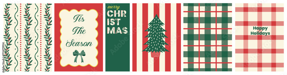 Naklejka premium Merry Christmas and holiday posters with holly leaves pattern, stripes, plaid, tree, festive text quotes. Perfect background template for greeting cards, prints, wall art, banner, postcards, invites.