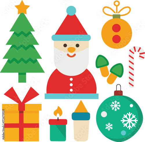 Vector art of a collection of flat design christmas icons including a christmas tree, santa claus, gift box, candle, ornament, candy cane, and mushrooms, all isolated on a