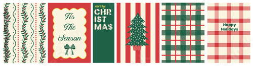 Merry Christmas and holiday posters with holly leaves pattern, stripes, plaid, tree, festive text quotes. Perfect background template for greeting cards, prints, wall art, banner, postcards, invites.