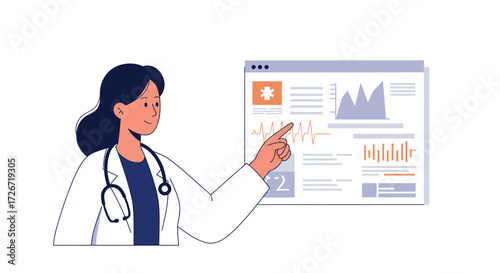Dedicated doctor analyzing medical data on screen, pointing at vital signs, showcasing healthcare technology and innovation for patient care and analysis