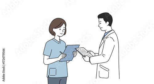 Medical professionals consulting on patient care, doctor and nurse reviewing medical records for diagnosis and treatment planning