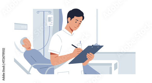 Dedicated nurse documenting patient care in modern hospital room, providing comfort and support to elderly patient, healthcare concept