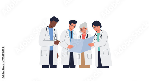 Medical professionals collaborating to review patient files for diagnosis and treatment options, healthcare teamwork concept