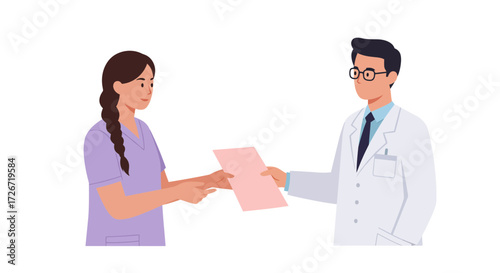 Doctor and nurse exchanging medical documents, representing healthcare, diagnosis, and treatment in a modern, professional setting for patient care