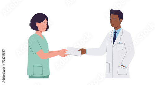Medical professionals exchanging documents symbolizing collaboration and healthcare communication in a modern setting, ideal for medical content
