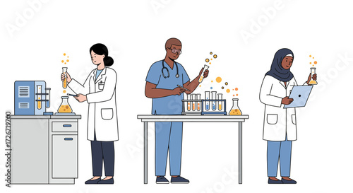 Diverse scientists working in a modern lab, conducting experiments with beakers, test tubes, and scientific equipment, focused on research and innovation