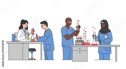 Diverse scientists collaborating on research in modern laboratory setting with beakers, test tubes, and vibrant solutions, innovation