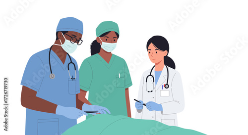 Medical professionals performing surgery in a modern operating room, teamwork and medical expertise in action, healthcare illustration