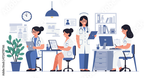 Dedicated medical professionals collaborating in a modern clinic, providing exceptional healthcare and patient care with compassion