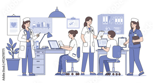 Medical professionals collaborating in modern clinic, providing healthcare services and patient care with technology and compassion