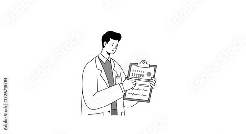 Professional doctor reviewing medical charts, analyzing patient data, ensuring accurate diagnosis, modern healthcare design, and medical innovation
