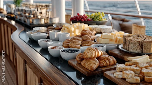 Enjoy a stunning breakfast spread featuring fresh pastries, assorted cheeses, and seasonal fruits on a beautiful yacht