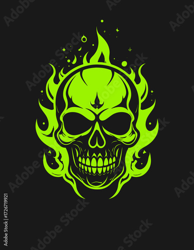 Flat Neon Green Burning Skull with Flames Illustration on Black Background