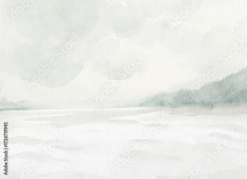A subtle digital watercolor wash of a vast, snowy winter landscape with distant hills, perfect for use as a serene background or texture.