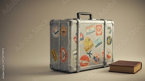Vintage suitcase with travel stickers and book evokes wanderlust feeling